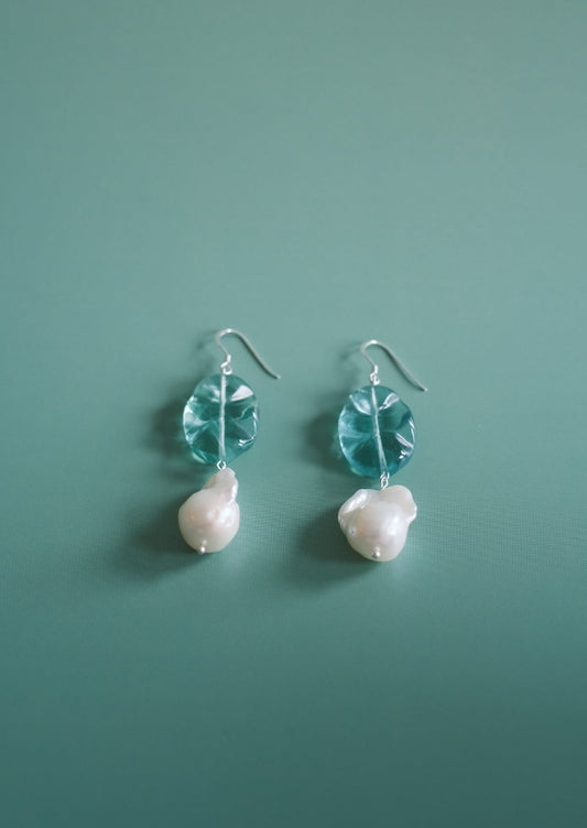 Fluorite Leaf & Baroque Pearl Earrings