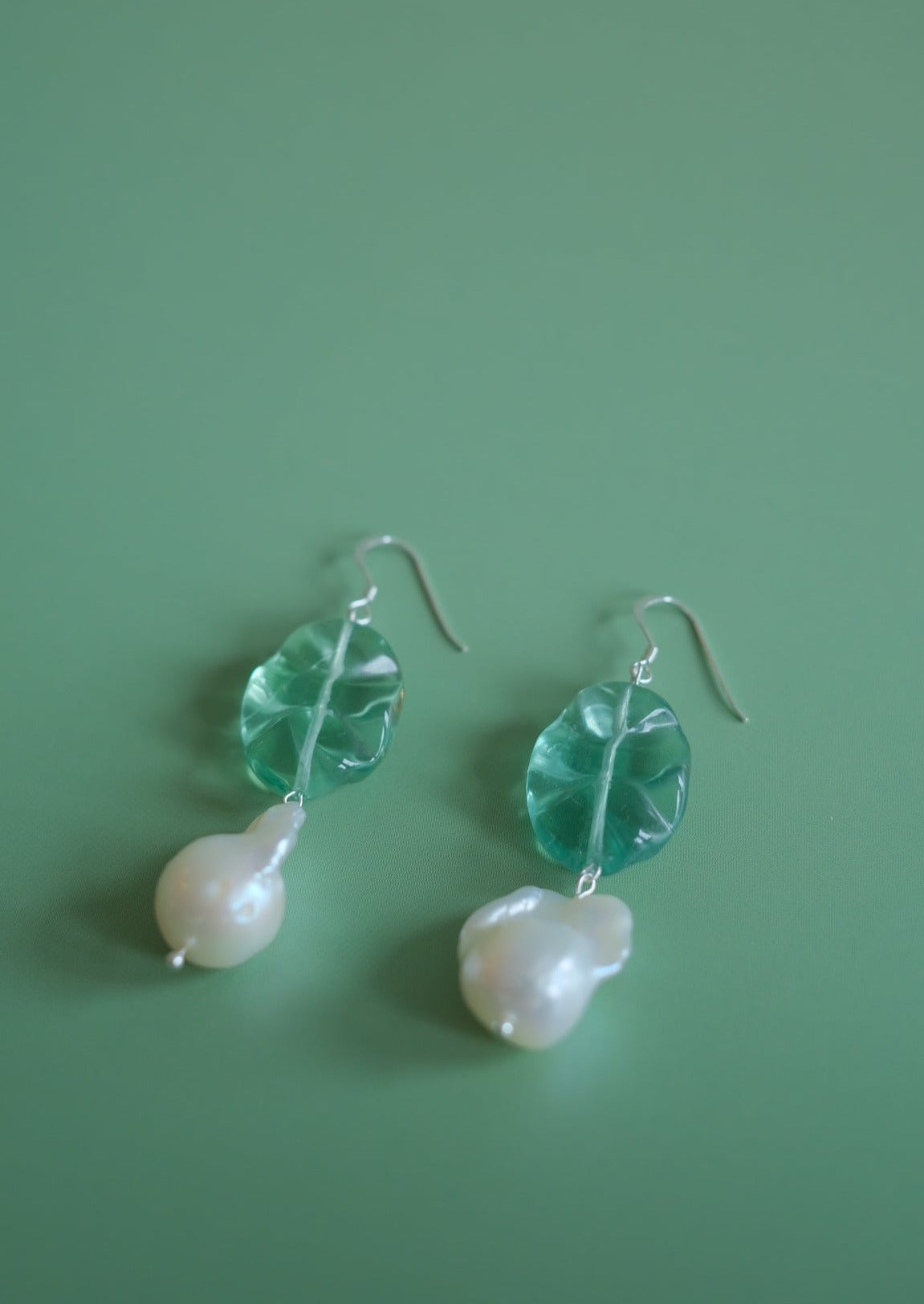 Fluorite Leaf & Baroque Pearl Earrings